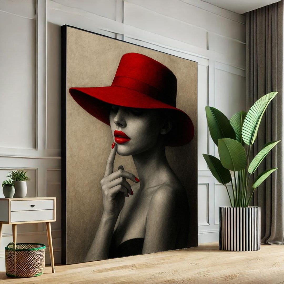 Woman in Red Hat Canvas Print, Chic Living Room Wall Art - Etsy Australia