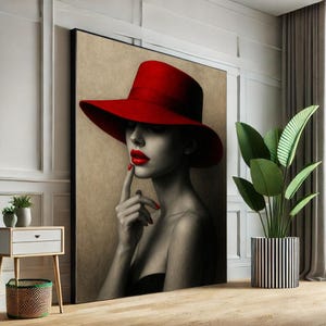 Elegant Woman in Red Hat Canvas Wall Art Print  Chic Modern Living Room Decor  Statement Piece