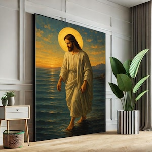 Radiant Jesus with Golden Halo Canvas Wall Art Print  Spiritual Living Room Decor  Statement Piece