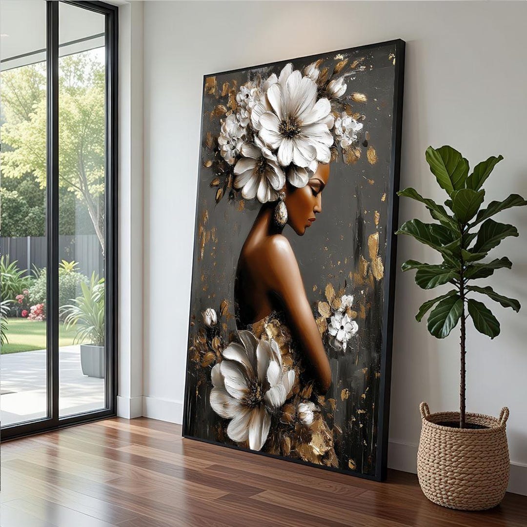 Floral African Woman Canvas Gold Black Portrait Art - Etsy