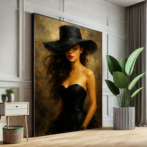 Elegant Woman in Black Hat Canvas Wall Art Print  Modern Bedroom Wall Decor  Statement Piece