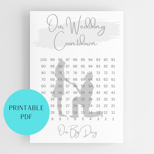 Wedding Countdown Tracker Days to go Guide Planner Journal Organizer Printable PDF A4 US Letter Bride Groom Dress Wedding Gown Venue Gift