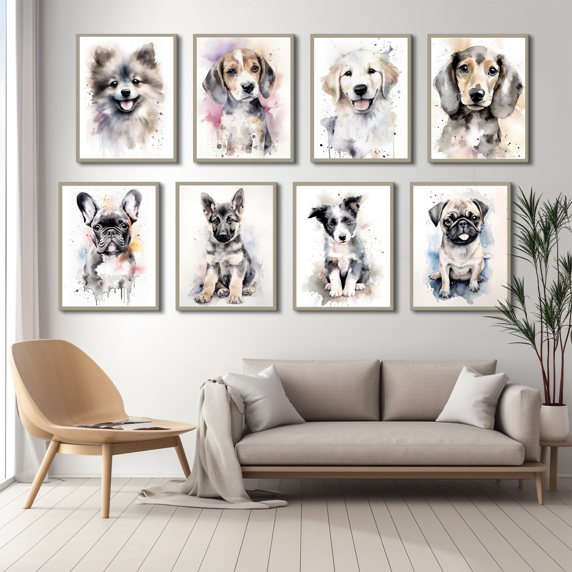 Happy Puppies Digital Art Print Delightful Set of 8 Watercolor