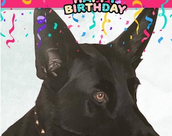 Black German Shepherd Birthday Card, custom pet portrait cards, dog card, hand painted dog portrait.