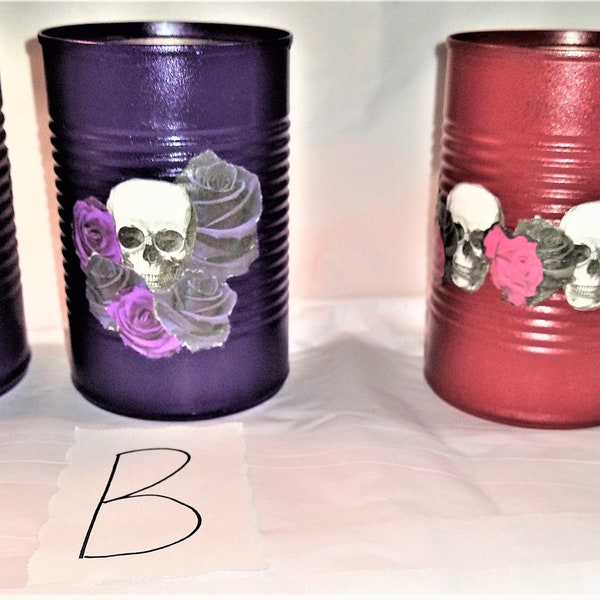 Recycled Tin Can/Gift Basket-Can/Decoupage/Recycled/Upcycled/Skull/Roses/Halloween/Gothic