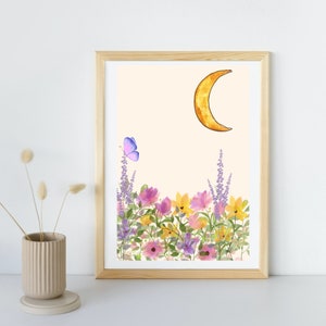 Flower and Moon Nursery Print, Watercolour Flowers, Nursery Decor, Floral Nursery, Boho Nursery, Watercolour Floral Printable Wall Art,