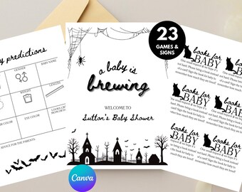May include: Black and white baby shower signs and games. The signs include baby predictions, a welcome sign that says "a baby is brewing", and signs that say "books for baby". The signs have a Halloween theme.