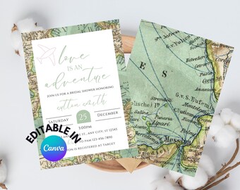 Adventure Awaits Bridal Shower Invitation: Travel Theme (Editable Canva Template)