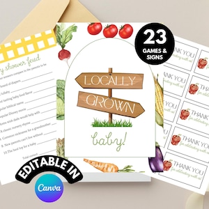 Lokal gewachsene Babyparty, Bauernmarkt-Babyparty-Zeichen, ein kleiner Sprössling ist auf dem Weg, Gemüsegarten-Babyparty, Veggie-Babyparty