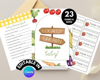 May include: A set of 23 printable baby shower games and signs with a garden theme. The signs feature a watercolor illustration of vegetables and the text "Locally Grown Baby!" The games include a baby shower feud, a "who knows the parents best" game, and thank you tags.