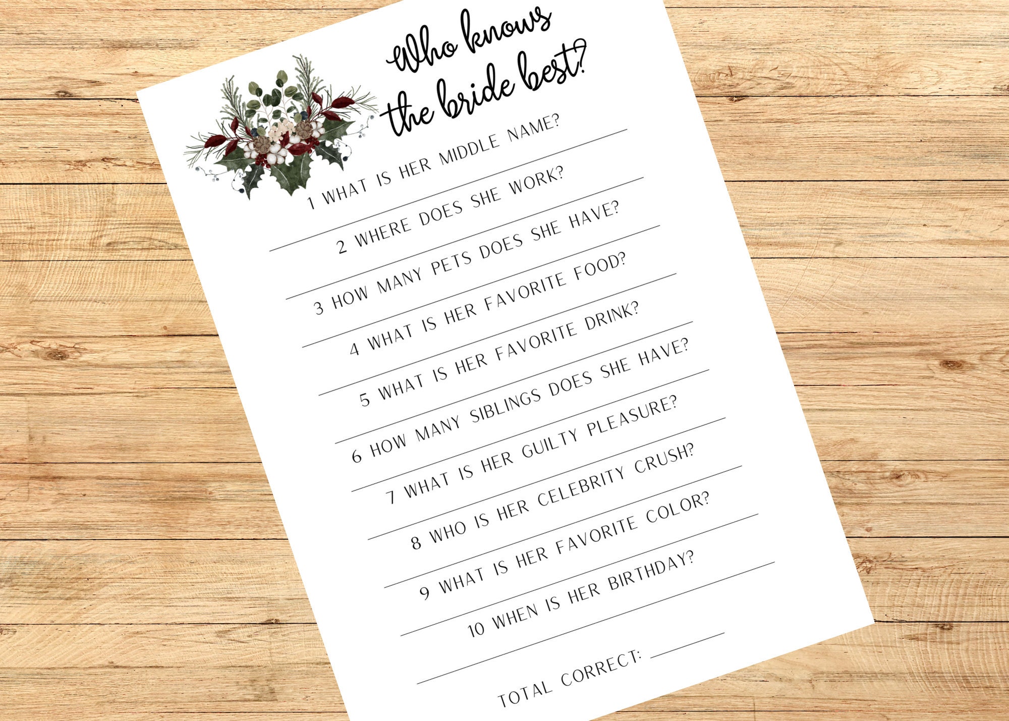 Winter Bridal Shower Game Printable, Christmas Florals Bridal Shower ...