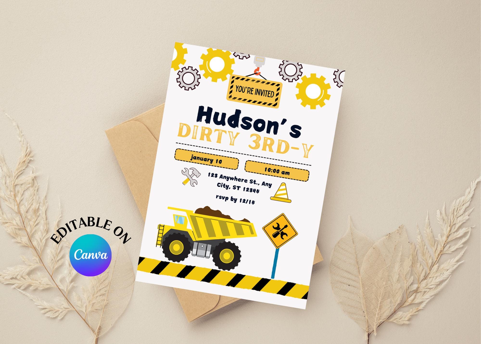 Dirty 3rdy Birthday Invitation, Construction Birthday Invitation, 3rd Birthday Invitation Digital, Digger Birthday Party, Boys Birthday, A10