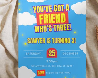 Youve Got a Friend Whos 3 Birthday Invitation: Editable Boys Girls 3rd Birthday Party, Toy Themed Birthday, Space Birthday Party
