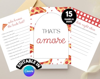 Pizza Bridal Shower Games: Thats Amore Wedding Shower, Love at First Slice Pizza Engagement Party Games and Signs