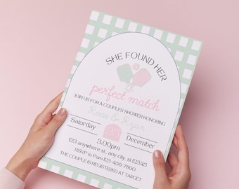 Pickleball-uitnodiging voor koppels: She Found Her Perfect Match bruiloftsfeestje, borrels en drankjes (digitale download)