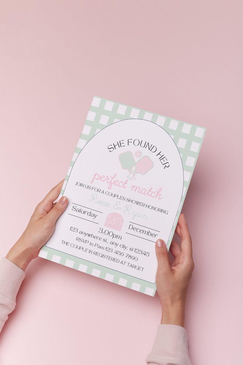 May include: A couples shower invitation with a light green and white checkered border. The invitation reads "She found her perfect match" with the names Reese & Ryan, and event details. The background is a soft pink.