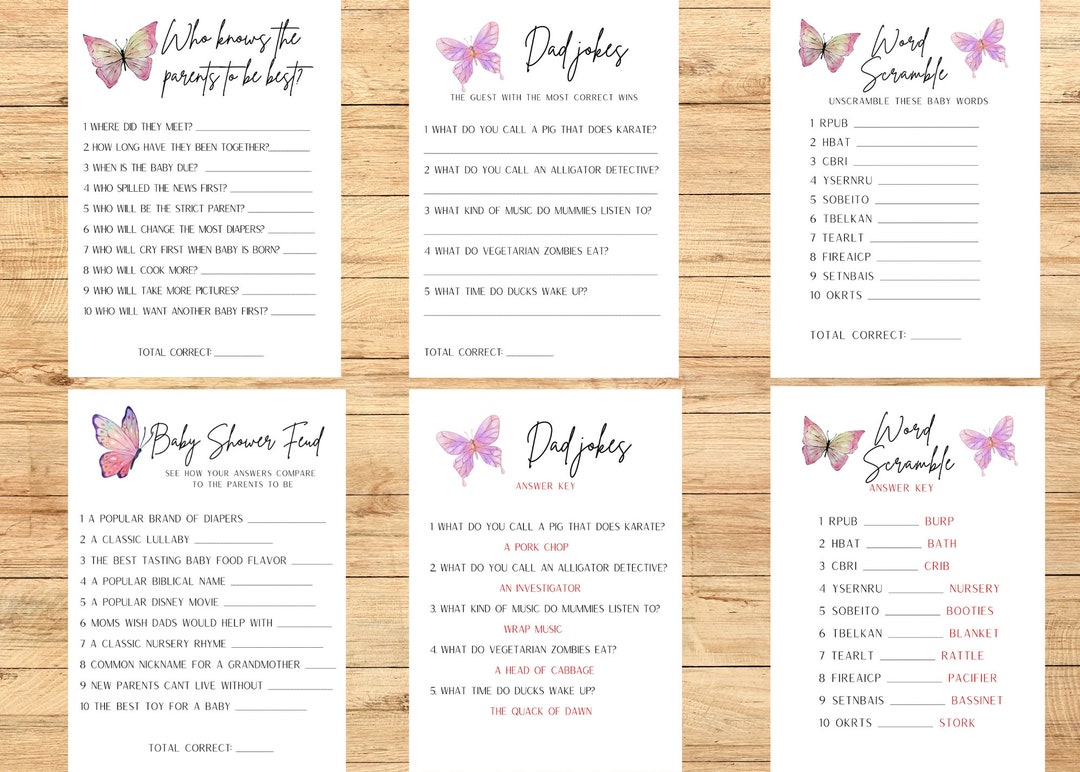 Butterfly Baby Shower Games Printable, Pink Baby Shower Games Digital ...
