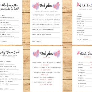 May include: A set of six baby shower game cards with pink and blue watercolor butterfly accents. Games include "Who Knows the Parents?", "Dad Jokes", "Word Scramble", and "Baby Shower Feud".
