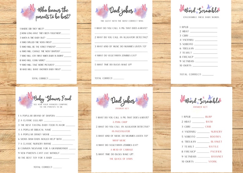 May include: A set of six baby shower game cards with pink and blue watercolor butterfly accents. Games include "Who Knows the Parents?", "Dad Jokes", "Word Scramble", and "Baby Shower Feud".