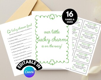 May include: Printable baby shower game and sign set with a green shamrock theme. The set includes a baby shower feud game, a sign that says "our little lucky charm is on the way!" and diaper raffle cards.