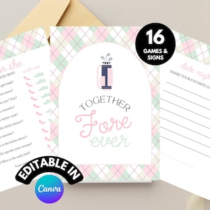 May include: A set of printable games and signs for a wedding shower or bridal party. The design features a pink and green plaid pattern with a golf bag and the text "Together Fore Ever".