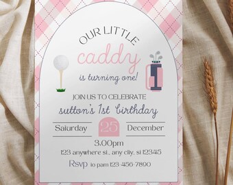 Little Caddy 1e verjaardagsuitnodiging: golfpartij, bewerkbare sjabloon
