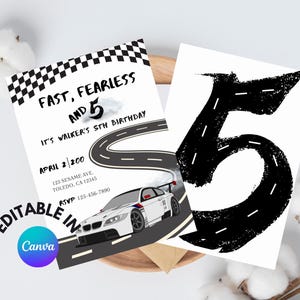 May include: Editable birthday invitation with a black and white checkered flag design. The invitation says "Fast, Fearless and 5" and includes a race car on a road track. The invitation also includes the text "It's Walker's 5th Birthday" and "April 2, 200".