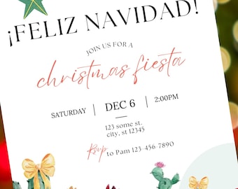 Può includere: Un invito festivo con il testo "¡FELIZ NAVIDAD!" e "christmas fiesta". L'invito include data, ora e informazioni RSVP. Il design presenta stelle sospese e cactus ad acquerello con cappelli di Babbo Natale e fiocchi.
