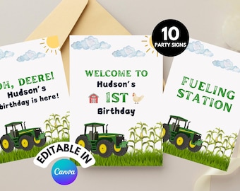 Puede incluir: Diez carteles de fiesta imprimibles con un tractor verde, mazorcas de maíz y una granja. Los carteles dicen "Oh, Deere! Hudson's birthday is here!", "Bienvenido a Hudson's 1er cumpleaños" y "Estación de servicio".