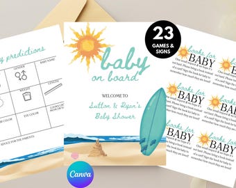 May include: A collection of baby shower stationery with a beach theme. Includes a sign that says "baby on board" with a surfboard, a baby predictions game, and cards that say "books for baby".