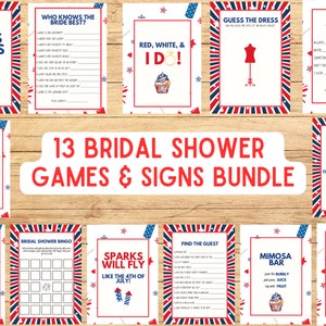 May include: A bundle of 13 bridal shower games and signs. Each sign has a red, white, and blue border with star accents. Games include "Cards & Gifts", "Who Knows the Bride Best?", "Guess the Dress", and "Advice".