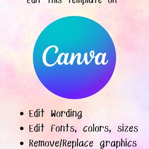 Puede incluir: Un gr&aacute;fico con el texto "Edit this template on Canva" y un c&iacute;rculo azul con la palabra "Canva" en texto blanco. Debajo del c&iacute;rculo hay cuatro vi&ntilde;etas con instrucciones sobre c&oacute;mo editar la plantilla: Editar el texto, Editar fuentes, colores, tama&ntilde;os, Eliminar/Reemplazar gr&aacute;ficos, Cargar im&aacute;genes personales.