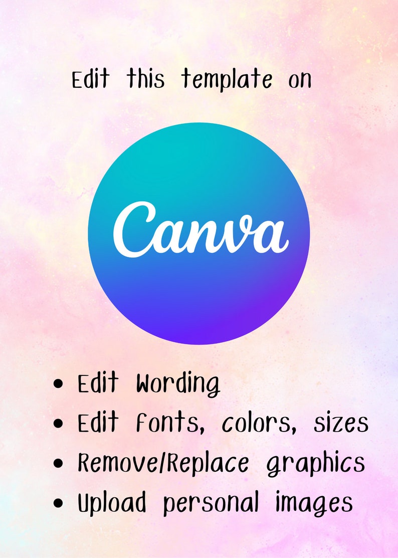 Puede incluir: Un gr&aacute;fico con el texto "Edit this template on Canva" y un c&iacute;rculo azul con la palabra "Canva" en texto blanco. Debajo del c&iacute;rculo hay cuatro vi&ntilde;etas con instrucciones sobre c&oacute;mo editar la plantilla: Editar el texto, Editar fuentes, colores, tama&ntilde;os, Eliminar/Reemplazar gr&aacute;ficos, Cargar im&aacute;genes personales.