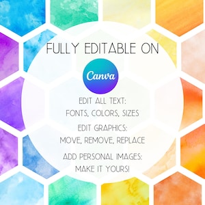 May include: A colorful digital design template with a watercolor hexagon pattern in shades of blue, purple, green, orange, and pink. The text "FULLY EDITABLE ON Canva" is displayed with options to edit text, graphics, and add images.