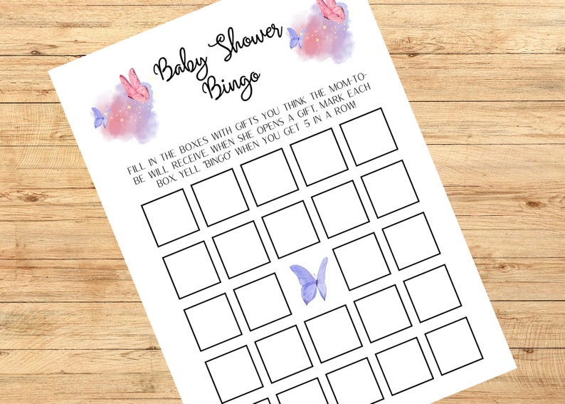 May include: Baby shower bingo game sheet with a butterfly theme. The white paper has a grid of blank boxes for guests to fill in. The text reads "Baby Shower Bingo" and instructions. Watercolor butterflies in pink and purple decorate the top and bottom.