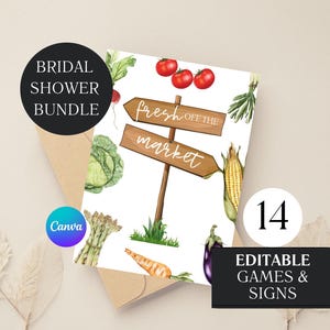May include: A printable bridal shower game and sign bundle with a farmhouse theme. The design features a watercolor illustration of a wooden sign with the text "Fresh off the market" and various vegetables and fruits.