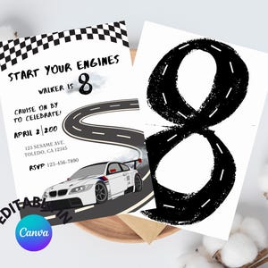 May include: Editable birthday invitation with a black and white checkered background. The invitation says "Start your engines, Walker is 8". It also has a black and white illustration of a race car driving on a road shaped like the number 8. The invitation includes the date "April 2, 200", an address, and an RSVP number.
