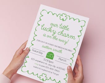 Shamrock Baby Shower Invitation: Lucky Charm On The Way St. Patrick's Day, March Baby Shower (Digital Download)