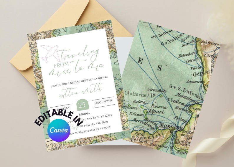 May include: A green and white printable bridal shower invitation with a vintage map background. The invitation says "Traveling from Miss to Mrs." and includes the date, time, and location of the event. The text "Editable in Canva" is also included.