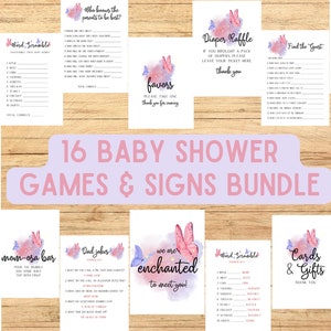 May include: A bundle of 16 baby shower games and signs, featuring a watercolor butterfly design in pink and purple. Includes games like "Pacifier Hunt" and "Diaper Raffle", and signs for favors and gifts.