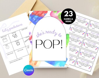 Può includere: Un set stampabile di 23 giochi e cartelli per una festa di baby shower a tema ghiacciolo. Il cartello principale dice "È pronta a scoppiare!" con uno sfondo ad acquerello di ghiaccioli. I giochi includono una lotteria di pannolini e previsioni per il bambino.