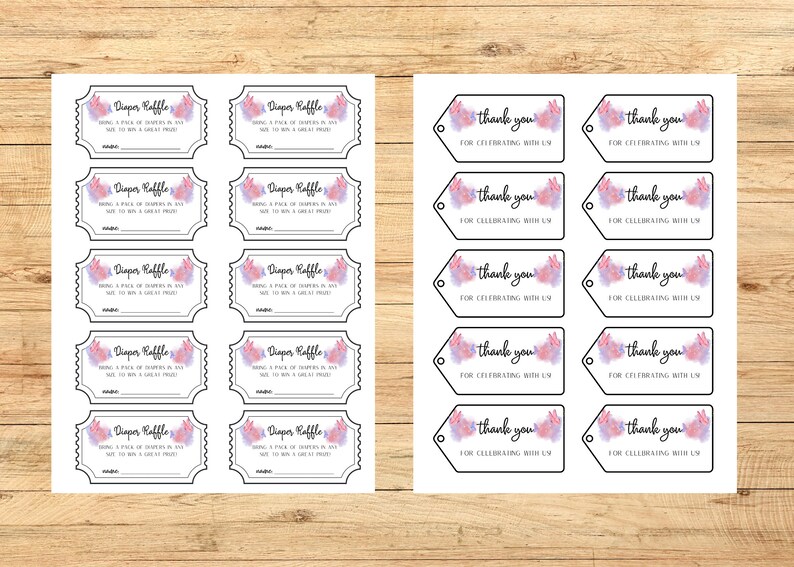 May include: Printed sheets of baby shower raffle tickets and thank you tags. The tickets read "Diaper Raffle" with space for a name and the tags say "thank you for celebrating with us." Both feature watercolor floral accents.