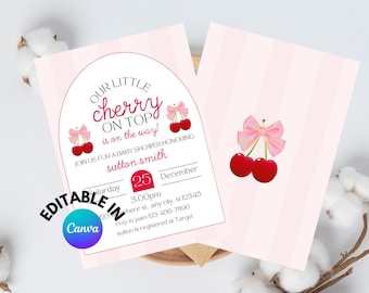 Cherry On Top Baby Shower Invitation: Coquette Bow Girly Baby Sprinkle (Digital Download)