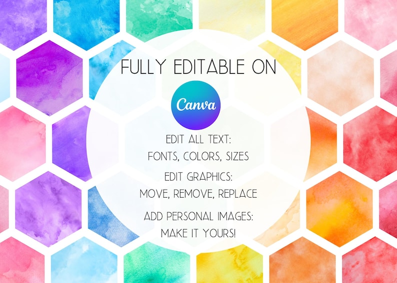 May include: A colorful graphic with a honeycomb pattern. The text "FULLY EDITABLE ON Canva" is in the center of the image. The text below the Canva logo reads "EDIT ALL TEXT: FONTS, COLORS, SIZES EDIT GRAPHICS: MOVE, REMOVE, REPLACE ADD PERSONAL IMAGES: MAKE IT YOURS!"