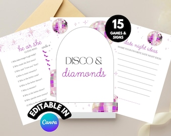 Disco Bridal Shower Games: Disco and Diamonds Retro Theme Wedding Shower Games and Signs
