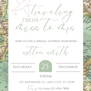 May include: A white bridal shower invitation with a green and pink airplane graphic. The text reads "Traveling from Miss to Mrs." and includes the bride's name, date, time, and RSVP information.