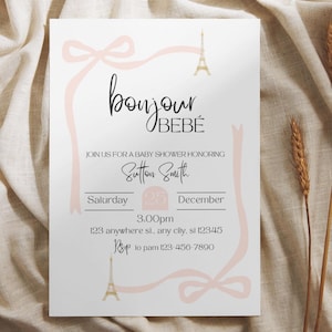 Paris-Babypartyeinladung, Bonjour Bebe-Babypartyeinladung, französische Babyparty, Coquette-Babyparty, Frankreich-Mädchenbogen-Babyparty
