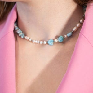 Larimar & Freshwater Pearl Choker – Ocean-Inspired Handmade Statement Necklace