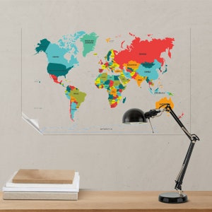 Mapa do mundo colorido Mapa de viagem reutilizável, arte da parede do mapa do mundo, material de poliestireno durável para decoração de casa mantém a superfície com eletricidade estática