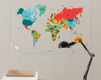 Mapa del mundo coloreado Mapa de viaje reutilizable, arte de la pared del mapa del mundo, decoración del hogar El material de poliestireno duradero sostiene la superficie con electricidad estática